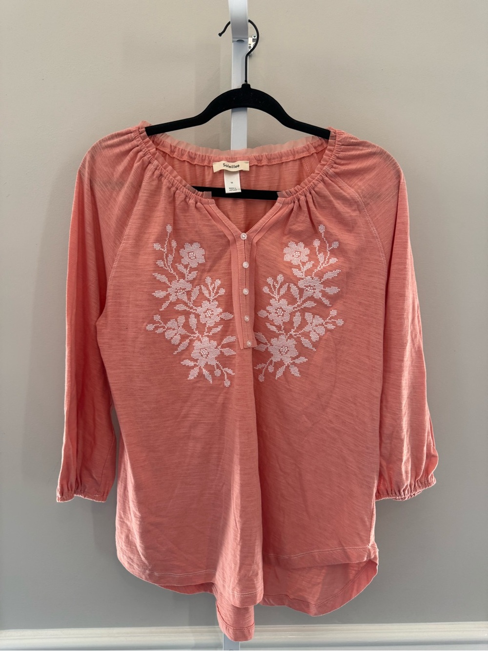 Soleillee Coral Embroidered Peasant Top